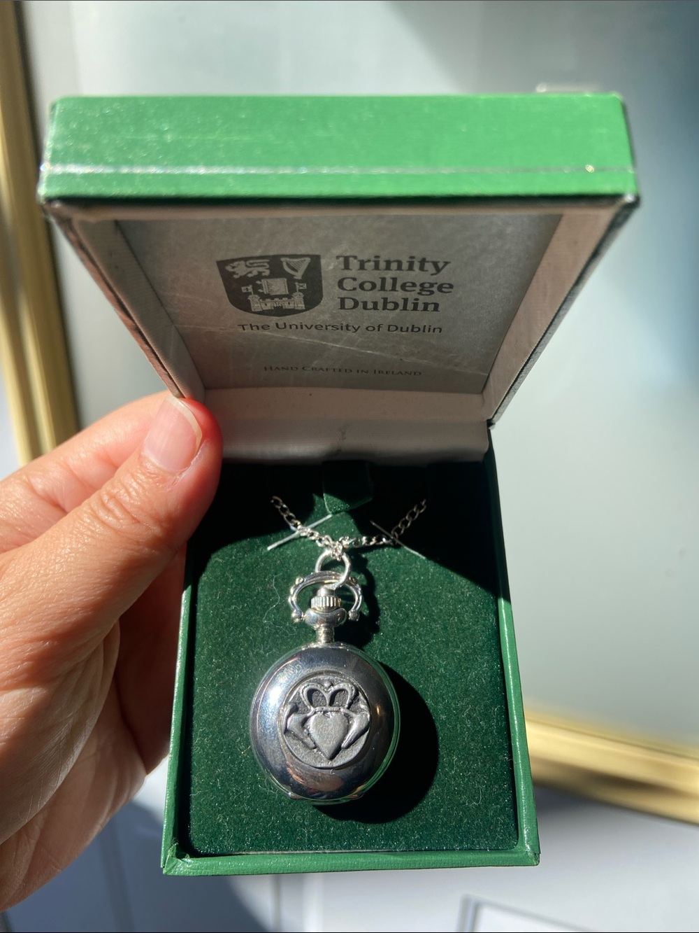 Trinity College Dublin Silver Pocket Watch Necklace - Green Box